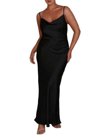 Women Long Bodycon Dress Solid Color Spaghetti Strap Cowl Neck Sleeveless Dress Summer Backless Cami Dress