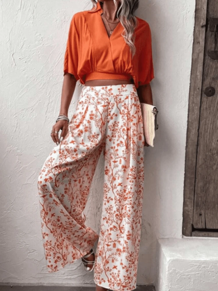 Conjunto de pantalones plisados de 2 piezas para mujer, estilo casual, holgada, camisa con botones, blusa larga, pierna ancha, pantalones palazzo, chamarra - Naranja - Añade 8