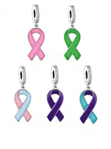 HuooNew 1 件精美 925 纯银乳腺癌丝带，带锆石 DIY 串珠男女通用纪念礼物，女性赋权珠宝 - 銀色 - 查看 8