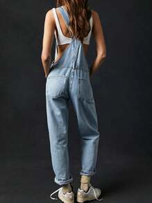Women Denim Long Jumpsuit Casual Spaghetti Strap Wide Leg Romper Pants Summer Baggy Bib Overalls - 淺藍色 - 查看 7