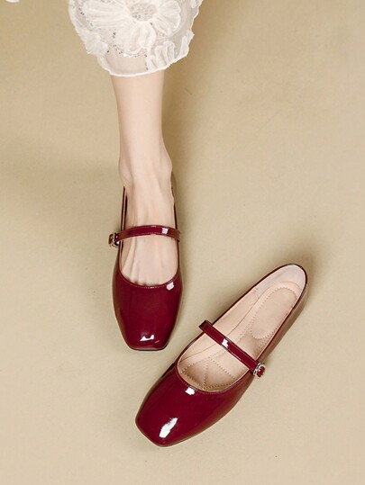 Sapatos casuais femininos de bico quadrado, slip-on, pretos, versáteis para escritório, atividades ao ar livre, sapatilhas Mary Jane confortáveis, de alta qualidade, para festa/casamento, vermelho