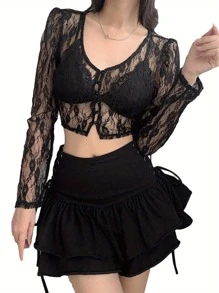 Sweet Girl Floral Lace See Through Cardigan Shirt Women Long Sleeve V Neck Slim Crop Top Beach Club Single Breasted Blouse - 黑色 - 查看 2