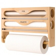 1pc Bamboo Plastic Wrap Dispenser, Aluminum Foil Dispenser With Paper Towel Holder, Foil And Plastic Wrap Organizer, Suitable For Kitchen-Back To School