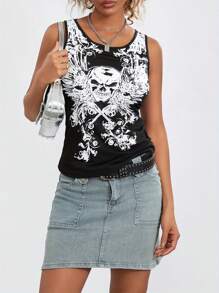 Women Skull Print Tank Tops Hollow Out Back Sleeveless Slim Fit Yoga Running Vest - Black - View 3