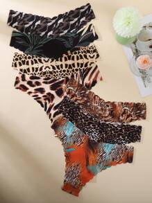 7 piezas Bragas de bikini sin costuras suaves con estampado de leopardo para mujer