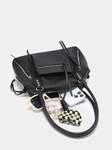1pc Women's Vintage Y2K Motorcycle Western Wasteland Style Multi-Pocket Decor Soft Distressed Washed Leather Large Capacity Handbag, Crossbody Bag, Suitable For Street, Dating, Party - Black - View 6