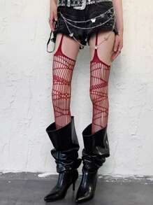 1 Pair Women's Heart Fishnet Lace Tights, Suspender Thin Black Stockings, Sexy Y2K Style