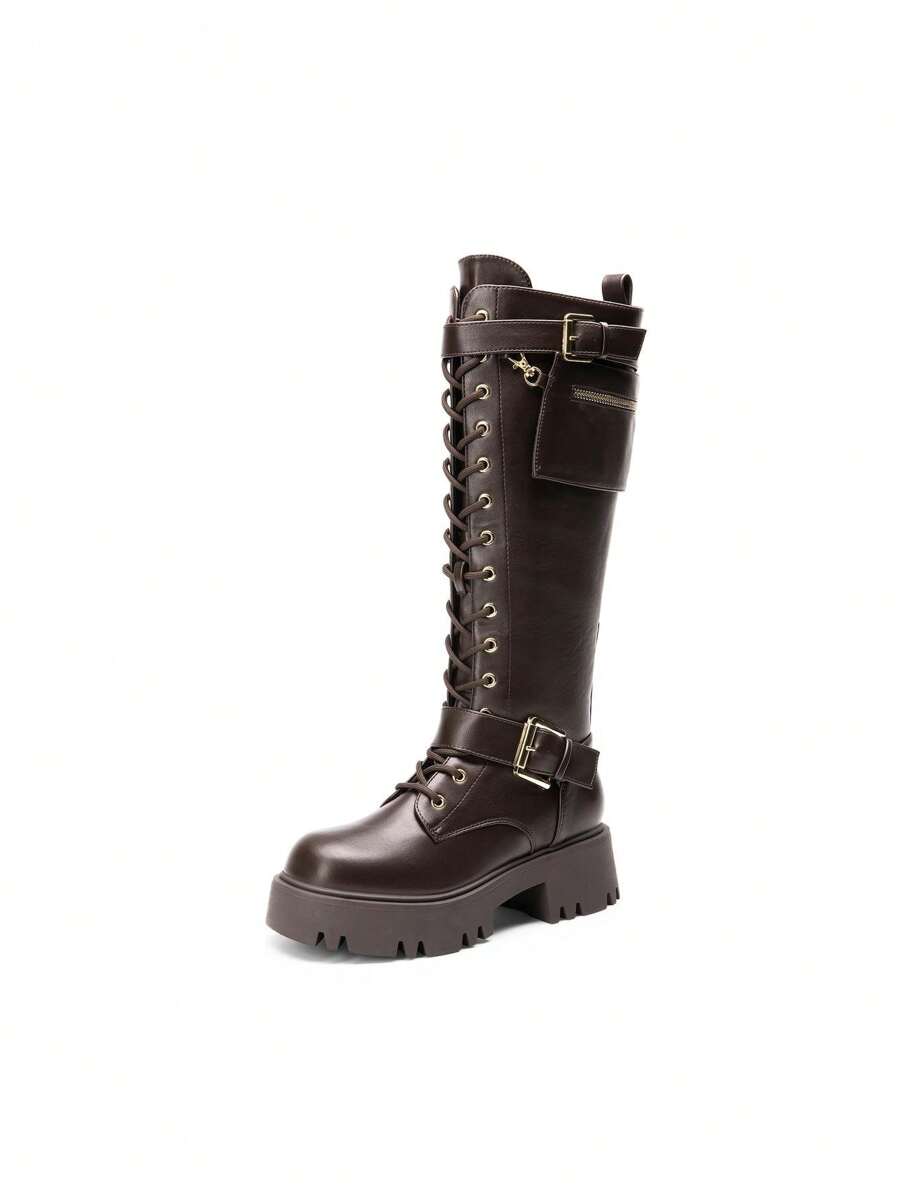 DREAM PAIRS Women's Combat Riding Platform Knee High Boots, Lace Up Fall Lug Sole Gothic Motorcycle Boots With Inside Zipper - 棕色 - 查看 1