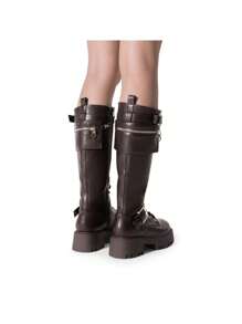 DREAM PAIRS Women's Combat Riding Platform Knee High Boots, Lace Up Fall Lug Sole Gothic Motorcycle Boots With Inside Zipper - 棕色 - 查看 6