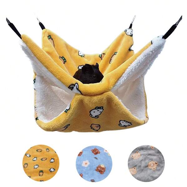 1pc Soft Coral Fleece Cartoon Bear & Carrot Pattern Small Animal Double-Layer Warm Hanging Bed Sleeper, Suitable For Hamsters, Sugar Gliders, Squirrels And Other Small Climbing Pets, Removable And Washable, Multi-Color And Size Options, For Autumn & Winter