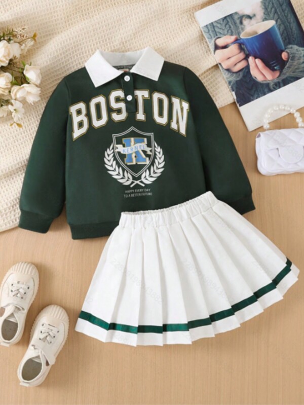 2 pezzi/Set, stile college alla moda per ragazze, maglietta bianca con colletto e mezza zip abbinata, con grafica stampata, polsini e orlo a costine, gonna bianca con vita elastica plissettata e nastro verde decorativo