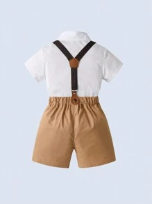 BOARNSEORL 2pcs/Set Young Boys Suspender Pants And Short Sleeve Shirt With Bowknot , Gentleman Style Fashionable Outfit For Birthday Party, Wedding, Summer