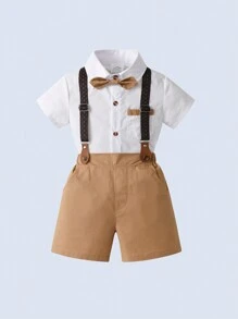 BOARNSEORL 2pcs/Set Young Boys Suspender Pants And Short Sleeve Shirt With Bowknot , Gentleman Style Fashionable Outfit For Birthday Party, Wedding, Summer
