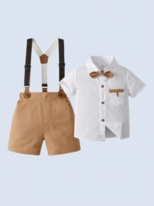 BOARNSEORL 2pcs/Set Young Boys Suspender Pants And Short Sleeve Shirt With Bowknot , Gentleman Style Fashionable Outfit For Birthday Party, Wedding, Summer