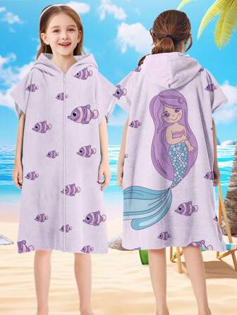 1pc Girls' Kids Extra Large Microfiber Highly Absorbent Hooded Beach Towel, Extra Long & Wide, Loose Fit, Zipper Design, Quick Dry, Windproof, Warm For Beach, Swimming, Mermaid Summer Wedding Home Bathroom Decor Beach Wear Back To School