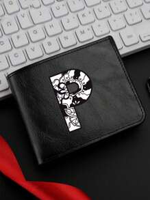 1 件时尚字母印花黑色钱包男士双折钱包休闲商务短钱包可折叠多卡槽送给他的完美礼物男士钱包钱包小钱包男士钱包真皮 - 黑色 - 查看 18