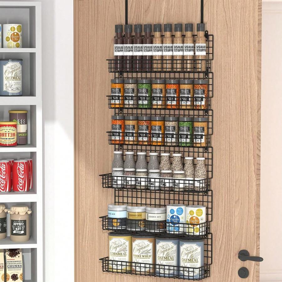 6-Tier Spice Rack Organizer With Door Hook, Wall Mounted & Over The Door Spice Racks For Kitchen Pantry Door Cabinet, Large Capacity, Black - màu đen - Xem 1