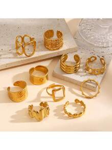 9pcs 18K Gold Plated Stainless Steel Chunky Baroque Style Rings, Gift For Women, Suitable For , Halloween, Christmas, Women's Jewelry, Gold Rings, Bohemian Style - Ring - View 4