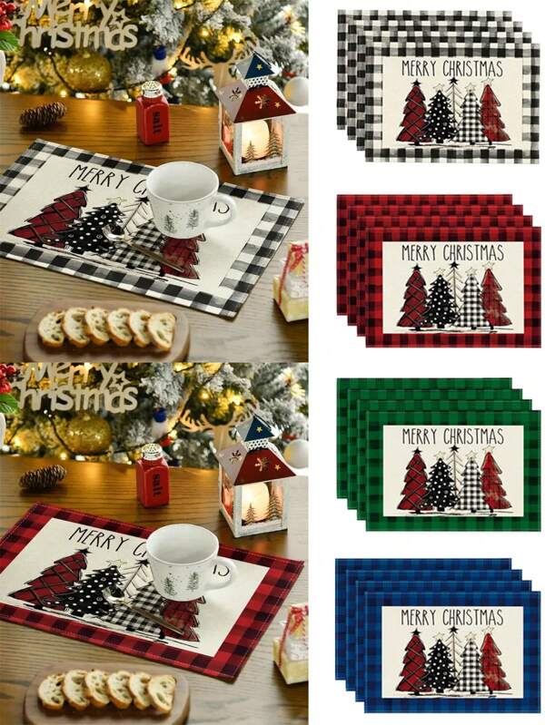 4 piezas, individuales de lino, individuales de Navidad alegres, individuales con estampado de cuadros a cuadros de acuarela de árboles de Navidad, individuales para mesa de comedor de invierno y Navidad, decoración de mesa familiar, platillo con posavasos aislante del calor, decoración navideña, decoración de escena