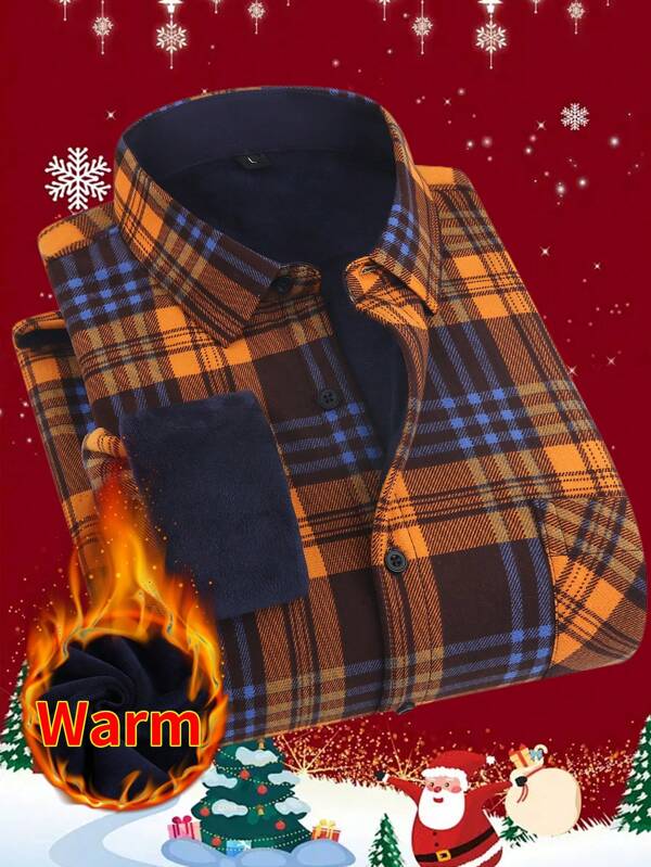 1pc Men's Comfortable Thermal Lined Checked Shirt, Casual Business Long Sleeve Button-Up Top - Suitable For Outdoor Activities And Home Wear In Autumn/Winter