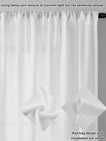 1 pieza Cortina elegante semitransparente de unicolor, hecha de textura de lino, diseño de bolsillo para barra, adecuada para la decoración del hogar en la sala de estar, dormitorio y oficina