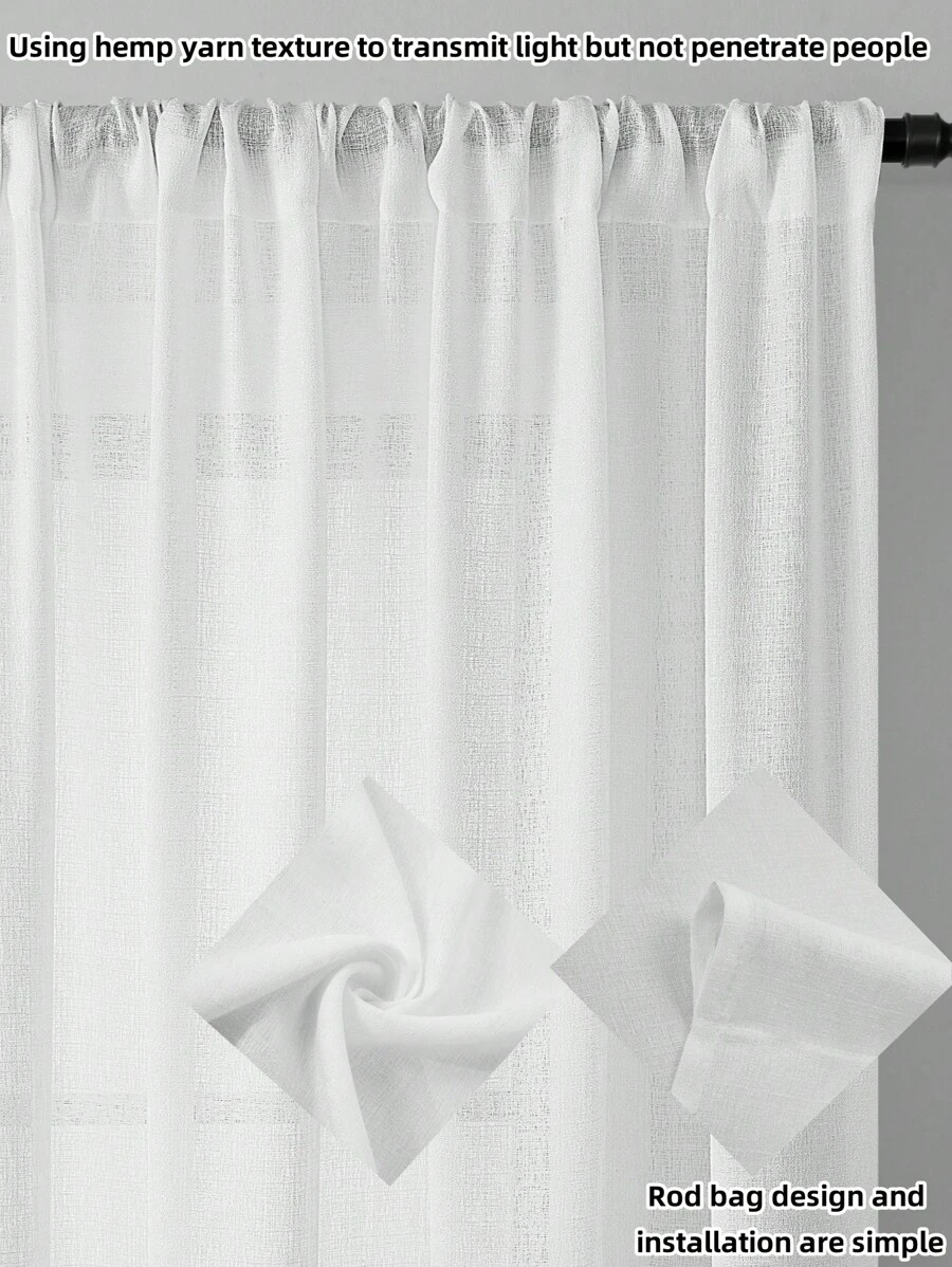 1pc Elegant Semi-Sheer Solid Color Curtain, Made Of Linen Texture, Rod Pocket Design, Suitable For Living Room, Bedroom, Office Home Decor - White - View 1