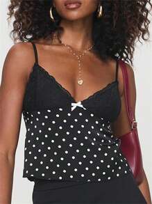 Women Camisoles Dot Print Lace Trim Casual Tank Tops Summer Sleeveless Tops Streetwear - 黑色 - 查看 6