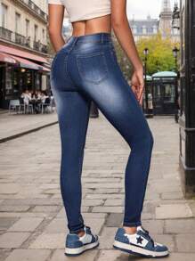 Women's Blue Ripped Distressed Jeans, Slim Fit Fashion Jeans With Slant Pockets, Stretch Skinny Jeans With Ripped, Women's Casual Fashion, Distressed Design, Youthful - 藍色 - 查看 2