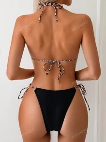 Conjunto de bikini de mujer con bloqueo de color, estilo halter y atado, para verano y vacaciones en la playa