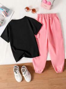 Conjunto de top de manga corta y pantalones cargo con estampado de dibujos animados para niñas preadolescentes