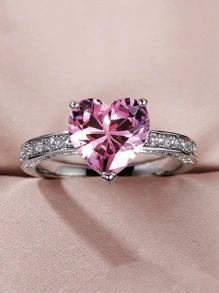 1pc Fashionable Luxury Ring With Heart-Shaped Pink Diamond Zirconium Stone, Engagement Jewelry For Women