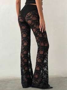 Women Lace Bell Pant See Through Flare Bottom Leggings Hollow Out Mesh Cover Up Trousers Gothic Flare Pants Streetwear - 黑色 - 查看 3