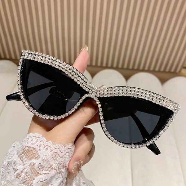 1pc Ladies' Fashionable Black Cat Eye Fashion Glasses With Rhinestone Decoration For Daily Use Royal Shades Beach Accessories Beach Accessories For Women Glasses Shades Basics Fall Winter Women Outfits Clothes Business Casual Gifts