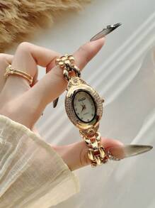 1pc Women's Vintage Oval Gold Tone Rhinestone & Zirconia Decorated Fashion Watch, Suitable For Daily Wear, Parties, Gatherings And Events