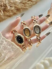 1pc Women's Vintage Oval Gold Tone Rhinestone & Zirconia Decorated Fashion Watch, Suitable For Daily Wear, Parties, Gatherings And Events