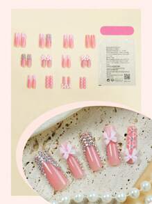 24 Stück rosa französische Spitzen XXL lange quadratische Aufklebe-Nägel, 3D bunte Strass & rosa Schleifen Nägel im Gothic-Stil, glänzende Full-Cover Fake-Nägel für Frauen und Mädchen - inklusive Nagelfeile & Gelee-Kleber Nagelbedarf