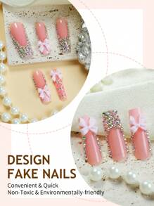 24 Stück rosa französische Spitzen XXL lange quadratische Aufklebe-Nägel, 3D bunte Strass & rosa Schleifen Nägel im Gothic-Stil, glänzende Full-Cover Fake-Nägel für Frauen und Mädchen - inklusive Nagelfeile & Gelee-Kleber Nagelbedarf