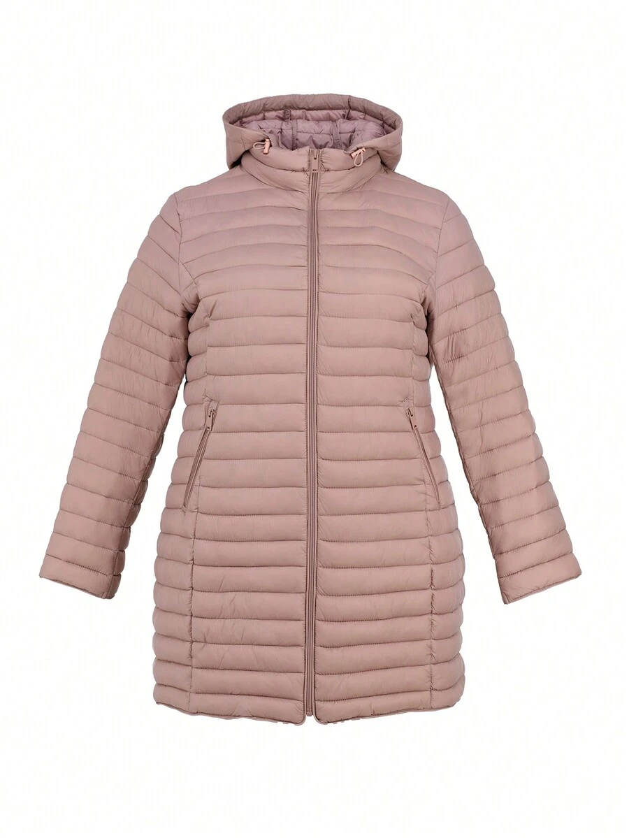 Casaco acolchoado casual chique de comprimento médio sem gola e elegante - Rosa - Ver 1