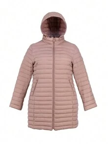 Casaco acolchoado casual chique de comprimento médio sem gola e elegante - Rosa - Ver 3