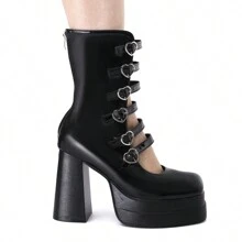 ROMWE Goth Waterproof High Heel Boots With Square Toe, Chunky Heel And Six Rows Of Hollow Out Heart Buckles - Black - View 11