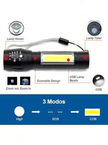 Linterna LED Recargable Paquete de 2, Lampara Tactica con Luz de XPE+COB Flashlight Portátil, Lampara Led con 5 Modos de Luz - Negro - Ver 6