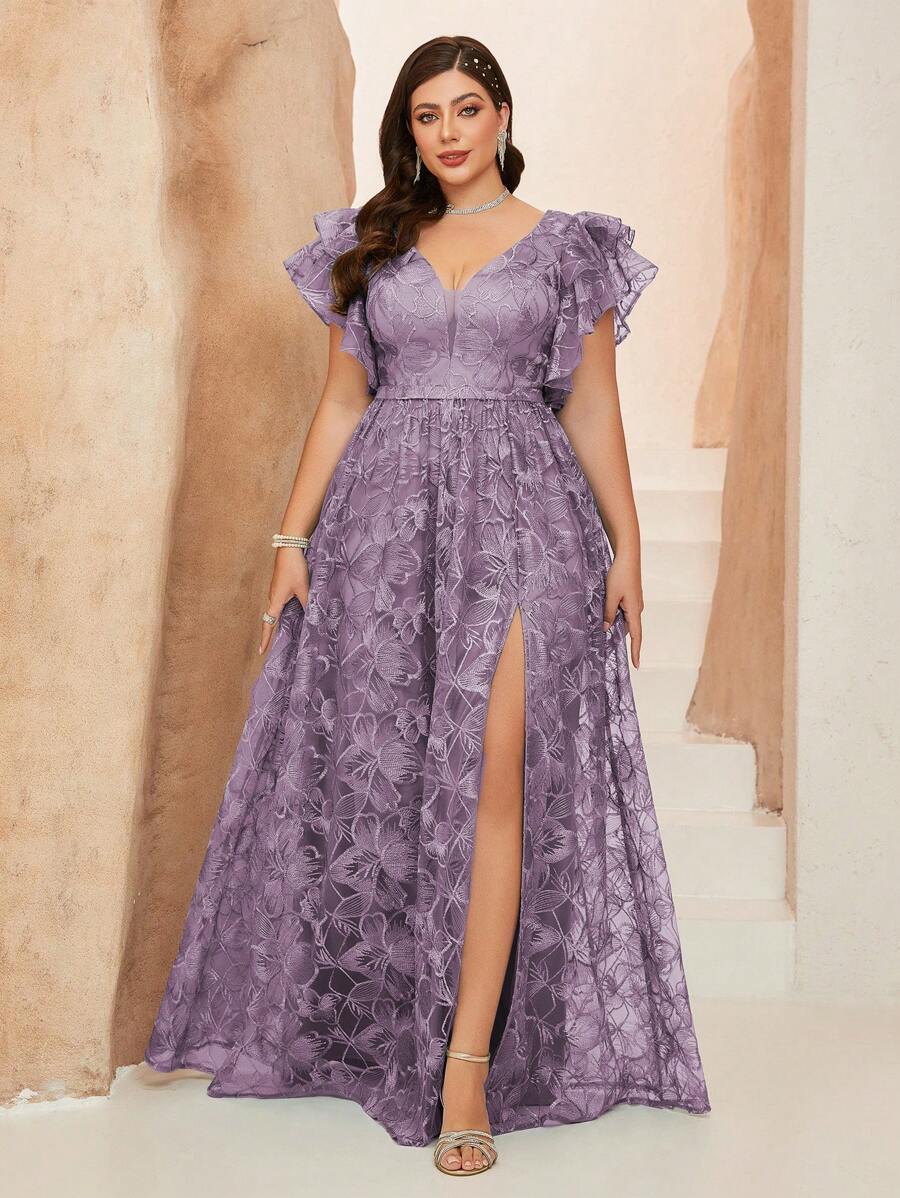 Plus Size Unpositioned Floral V-Neck Embroidered Lace Ruffle Sleeve Front Slit High-End Evening Gown, Bridesmaid Dress, For Valentine's Day - Dusty Purple - View 1