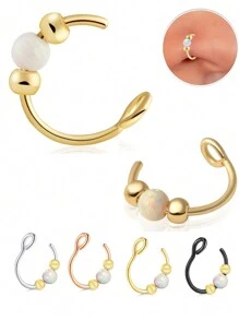 AVYRING 1pc Opal Faux Septum Ring, No Piercing Silver Fake Septum Ring Piercing, 8mm Clip On Septum Nose Ring,Clip On Tiny Faux Nose Hoop Piercing
