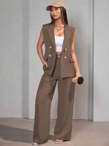 Casual Suit Vest Set Women - Rust Brown - View 3