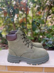 Botín de montaña con cordones para mujeres, sintética, acordonadas con plataforma, antideslizante. - Verde militar - Ver 5