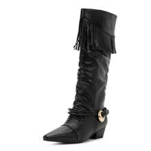 Botas vaqueras de media caña con flecos y tacón grueso con borlas para mujer - Negro - Ver 1