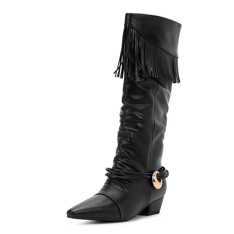 Botas vaqueras de media caña con flecos y tacón grueso con borlas para mujer - Negro - Ver 1