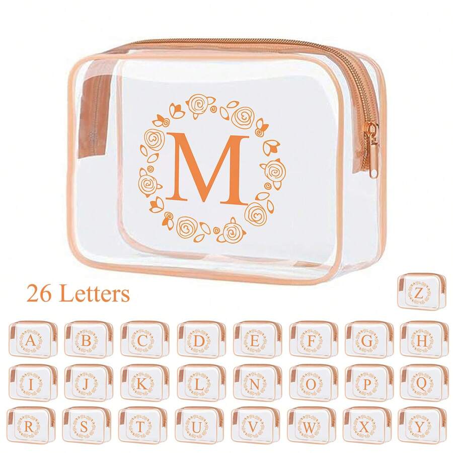 字母 A-Z 时尚简约男女洗漱包，防水透明化妆包，夸脱大小，适合旅行，男女皆宜，夏季沙滩包，旅行必备品，假日必备品，可携带上飞机，赠送粉色包 - 粉色 - 查看 1