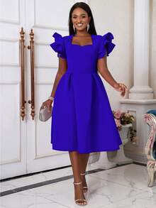 Women's Sweetheart Neck Ruffle Hem Flare Skirt, Suitable For Parties, Graduations, Back To School Occasions, Paired With Bell Sleeves - Blue - View 6