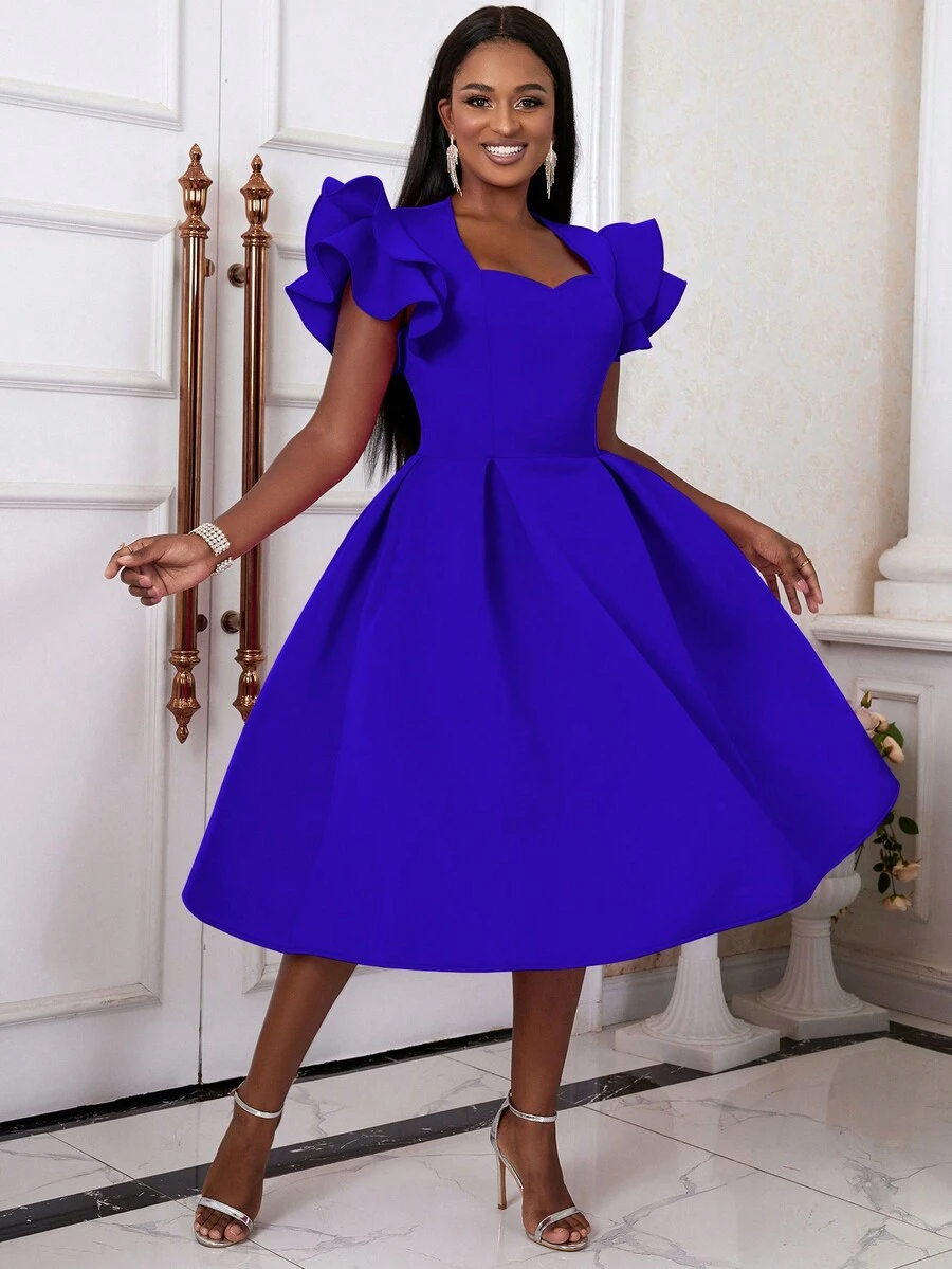 Women's Sweetheart Neck Ruffle Hem Flare Skirt, Suitable For Parties, Graduations, Back To School Occasions, Paired With Bell Sleeves